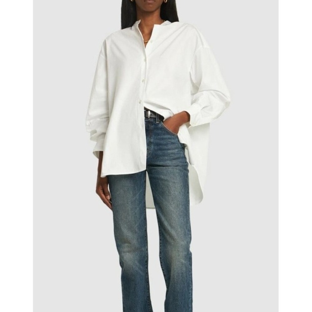 Theory Oversized Collarless White long button down Tunic Women SZ S Quiet Luxury